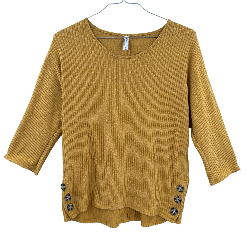 Perception Concept Womens Ribbed Knit Button‎ Hem Top Mustard Yellow L